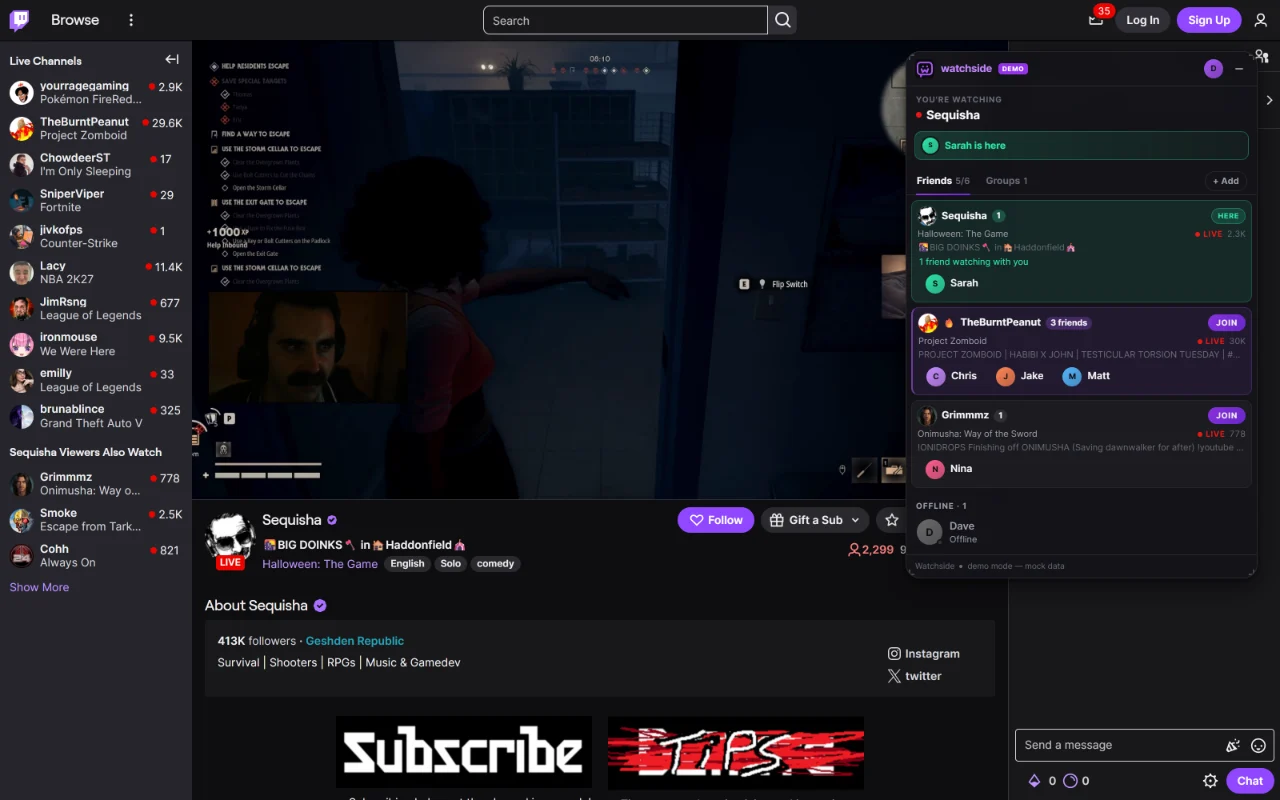 Watching a Twitch stream with the Watchside panel docked on the right. The panel says one friend is here on this channel, and lists three more friends gathered together on another channel with a JOIN button beside them.