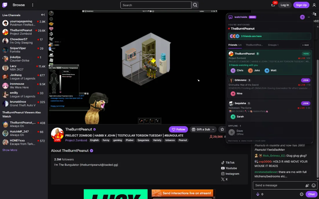 Watching a Twitch stream with three friends. The Watchside panel says three friends are here on this channel, with the friends who are elsewhere listed below, each with a JOIN button.