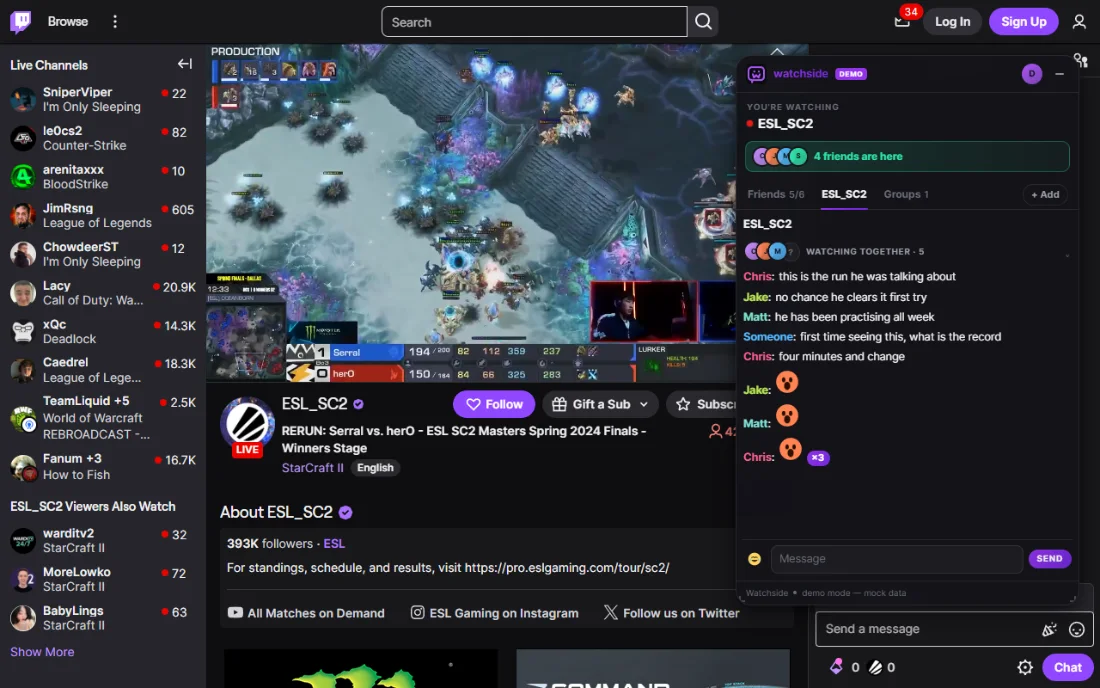Watching ESL_SC2 with four friends. The Watchside panel shows a watching-together conversation and emoji reactions alongside the stream.